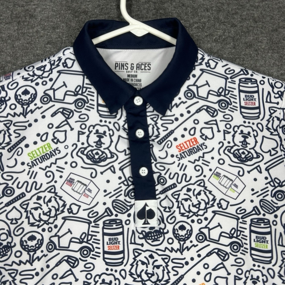 Pins & Aces Golf Polo Shirt Mens M White‎ Black Seltzer Saturday Bud Light